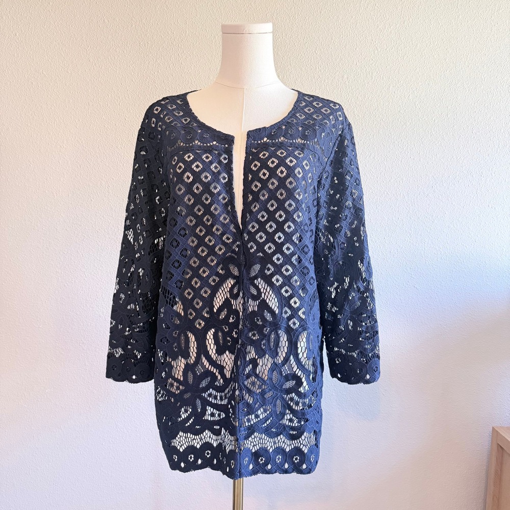 Chicos Navy Blue Lace Tunic Top Open Knit Summer Casual 3/4 Sleeve Size 1 M